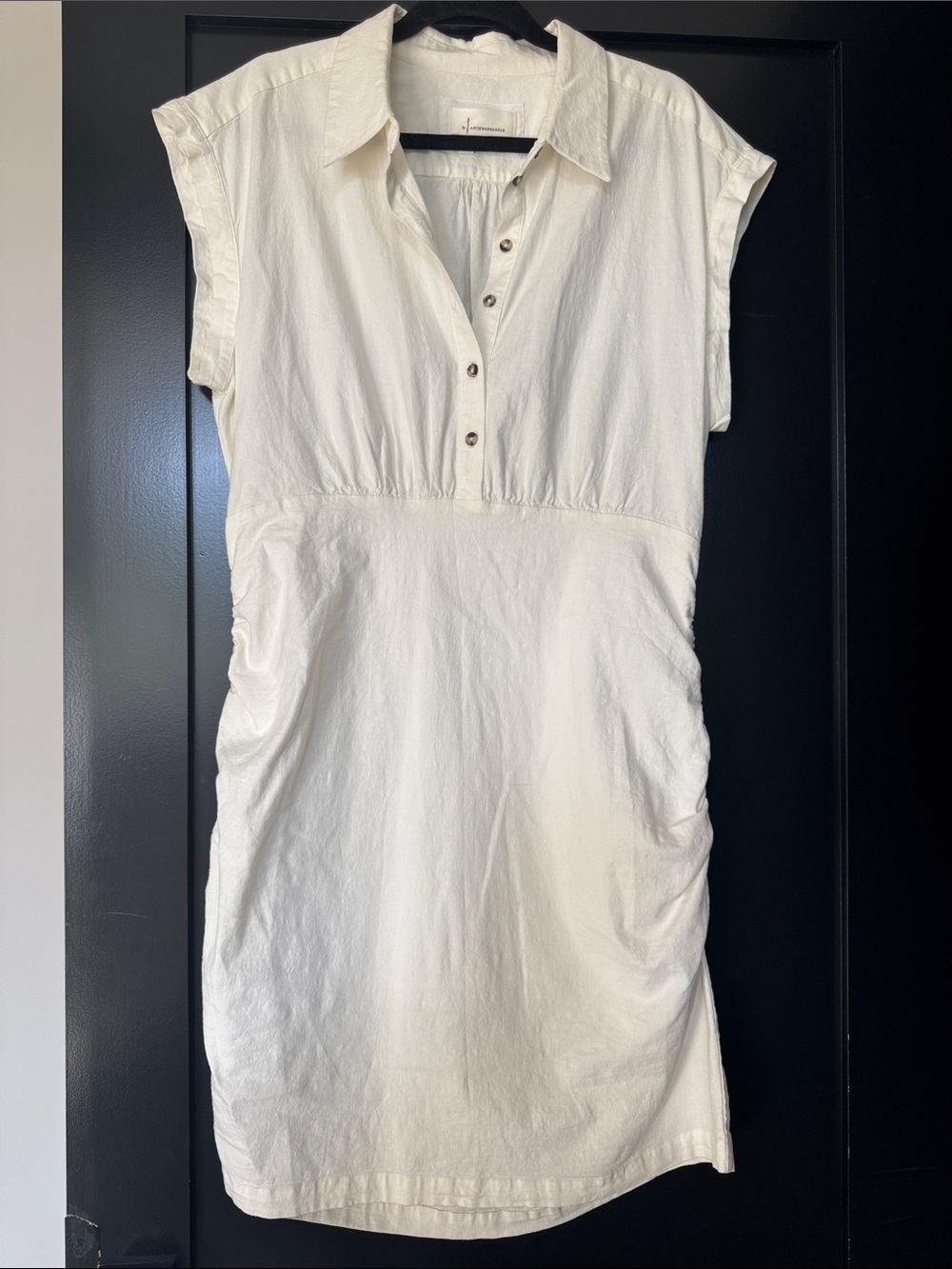 Anthropology White Cap-Sleeve Shirt Dress. Subtle side ruching and side zip